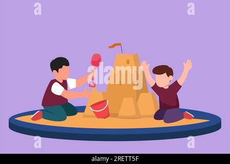 Cartoon flat style drawing two cute little boys build sandcastle together. Children sitting on sandbox and playing with sand castle. Brothers or frien Stock Photo