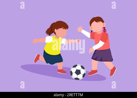 Character flat drawing little girls playing football together. Two happy kids playing sport at school playground. Smiling children kicking ball by foo Stock Photo