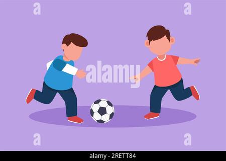 Character flat drawing cute young boys playing football together. Two happy little kids playing sport in uniform. Smiling children kicking ball by foo Stock Photo