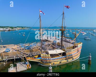 Mayflower II is a reproduction of the 17th century ship Mayflower docked at town of Plymouth, Massachusetts MA, USA. Stock Photo