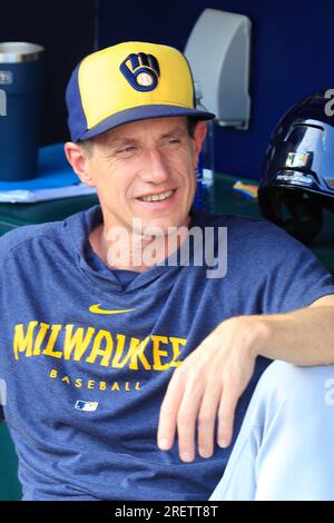 July 22, 2023: Milwaukee Brewers left fielder Christian Yelich (22) with  his Rawlings Ã”YeliÃ• baseball glove before the game between the Milwaukee  Brewers and the Atlanta Braves at American Family Field in