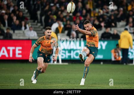 Melbourne, Australia, 29 July, 2023. Quade Cooper of the Wallabies kicks the ball during the Bledisloe Cup match between Australia Wallabies and New Zealand All Blacks at The Melbourne Cricket Ground on July 29, 2023 in Melbourne, Australia. Credit: Dave Hewison/Speed Media/Alamy Live News Stock Photo