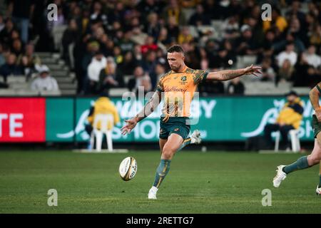 Melbourne, Australia, 29 July, 2023. Quade Cooper of the Wallabies kicks the ball during the Bledisloe Cup match between Australia Wallabies and New Zealand All Blacks at The Melbourne Cricket Ground on July 29, 2023 in Melbourne, Australia. Credit: Dave Hewison/Speed Media/Alamy Live News Stock Photo