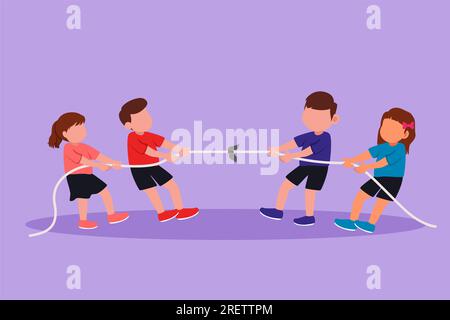 Cartoon flat style drawing group of children playing tug of war at playground. Happy kids playing tug of war at park. Girls and boys pull rope, outdoo Stock Photo