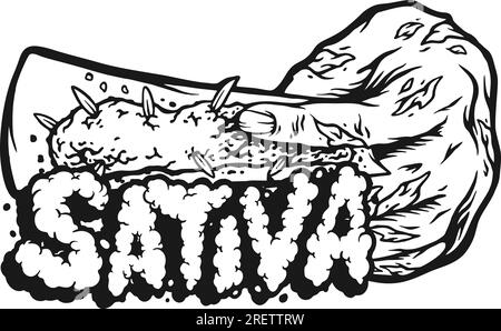 Dead zombie hand rolling cannabis with sativa lettering outline vector illustrations for your work logo, merchandise t-shirt, stickers and label desig Stock Vector