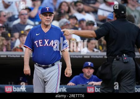 Houston, United States. 14th Apr, 2023. Texas Rangers manager Bruce Bochy  (15) during the MLB game between the Texas Ranges and the Houston Astros on  Friday, April 14, 2023 at Minute Maid Park in Houston, Texas. The Rangers  defeated the Astros