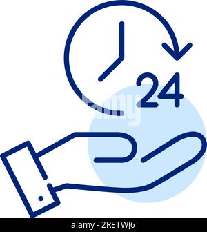 24 hour service. Clock and arrow in hand. Pixel perfect, editable stroke Stock Vector