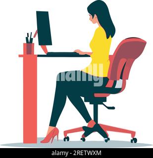 Woman sitting on chair working on computer. vector illustrations characters working in office, remotely at home, freelance, self-employment. Stock Vector