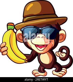 A funny vector of a banana-eating monkey in sunglasses and hat. Bright and cheerful design for animal, food, or summer projects. Stock Vector