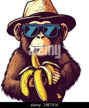 A funny vector of a banana-eating monkey in sunglasses and hat. Bright and cheerful design for animal, food, or summer projects. Stock Vector