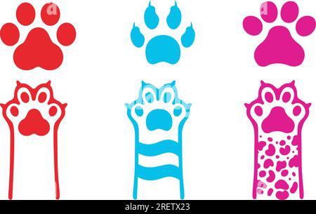 A set of six cute cat’s paws and legs in different colors and patterns vector. Use these vector graphics to create fun and playful designs Stock Vector