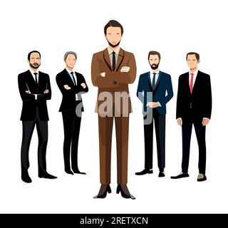 This vector illustration portrays 5 professional men standing in a row. The image shows the men wearing suits, ties, and shoes, and looking confident Stock Vector