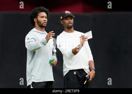 Injured Arizona Cardinals quarterback Kyler Murray smiles as he walks on  the field during NFL football training camp practice at State Farm Stadium  Thursday, Aug. 3, 2023, in Glendale, Ariz. (AP Photo/Ross