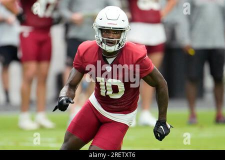 Arizona Cardinals wide receiver Davion Davis (10) runs down the field  during the first half of an NFL preseason football game against the  Minnesota Vikings, Saturday, Aug. 26, 2023, in Minneapolis. (AP