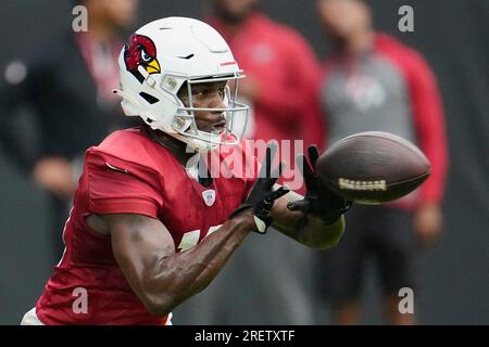 Arizona Cardinals wide receiver Davion Davis runs a passing route during  NFL football training camp practice at State Farm Stadium Saturday, July 29,  2023, in Glendale, Ariz. (AP Photo/Ross D. Franklin Stock