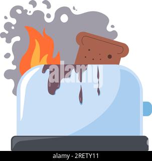 Toaster bread, damaged kitchen appliance on fire Stock Vector