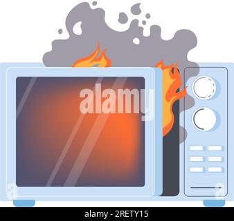 Burning broken microwave oven, fire and flames Stock Vector
