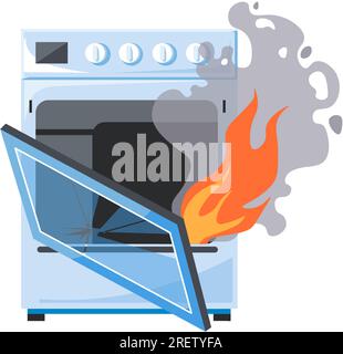 Broken oven or stove on fire, damaged malfunction Stock Vector