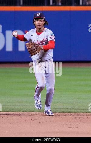 CJ Abrams of the Washington Nationals throws the ball to first