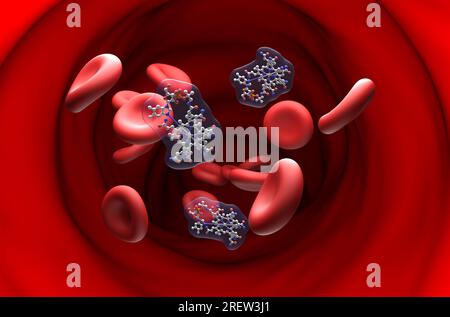 B2 vitamin (Riboflavin) structure in the blood flow  ball and stick section view 3d illustration Stock Photo