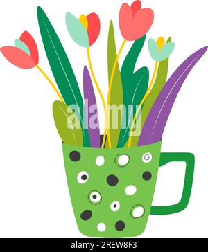 Blooming tulips in cup vase with polka dot vector Stock Vector