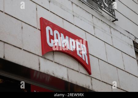 lyon , France -  07 25 2023 : Camper store text brand and logo sign on wall facade boutique entrance shop chain signage shoes Sneakers footwear Stock Photo