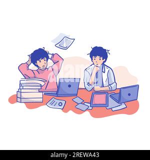man, cartoon, business, stress, tired, illustration, Tired man and woman sitting at the desk with laptop and documents. Flat style vector illustration Stock Vector