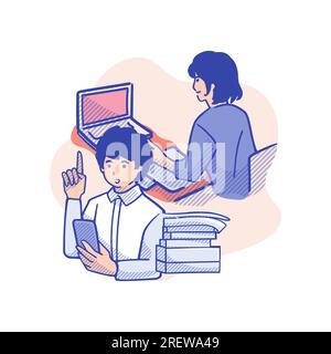 Vector illustration of young man and woman working together in office. Hand drawn sketch style. Stock Vector