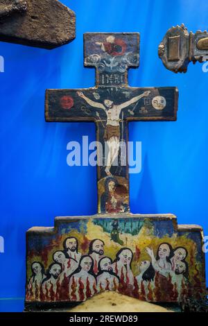 altar cross with purgatory, polychrome wood, XVII century, Peru, Sa Bassa Blanca Museum (msbb) Yannick Vu and Ben Jakober , Alcudia, Majorca, Spain Stock Photo