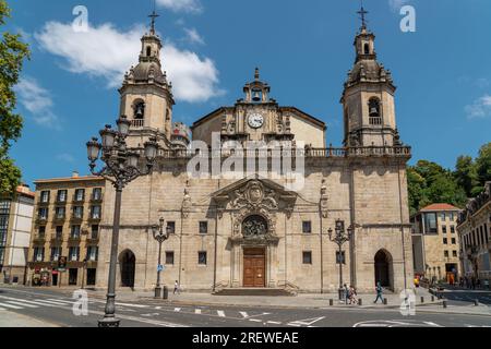 Church of San Nicolas , in the Old Town Center of Bilbao. Designed in modest Baroque style the building was constructed in 1743. Travel destination in Stock Photo