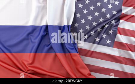 Ruffled Flags of Russia and USA. 3D Rendering Stock Photo