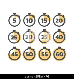 Timer or stopwatch with minute numbers icon set. Chronometer for time, clock symbol with 5, 10, 20 minutes set. Stock Vector