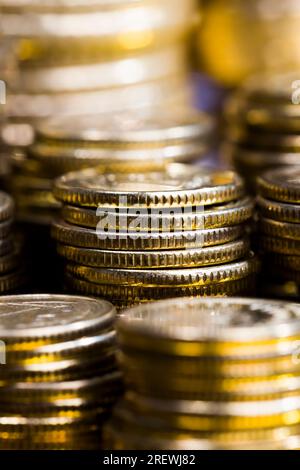 minted coins and processed to give them a Golden hue, the coins are real and used as a means of payment in Poland, the coins are old and have some def Stock Photo