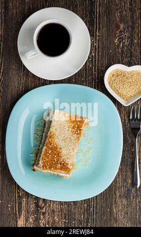 a piece of cake, pastry made from a large number of ingredients, sweet pastry made from wheat cake and butter cream Stock Photo