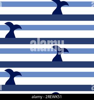 Whales in the ocean abstract stripes and lines seamless vector pattern for fabric. Ocean background marine straight lines. Repeating ocean animal Stock Vector