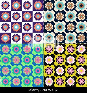 Retro floral square background granny style. Crocket knitted plaid seamless pattern patchwork flowers. Stock Vector