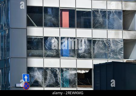 (230730) -- MOSCOW, July 30, 2023 (Xinhua) -- This photo taken on July 30, 2023 shows a building damaged in a drone attack in Moscow, Russia. Ukraine attempted to launch an attack on targets in Moscow with three drones but failed to achieve its goal, said the Russian Defense Ministry on Sunday. According to the ministry, Kiev launched three unmanned aerial vehicles at Moscow early morning on Sunday. One was shot down by air defense forces over the Odintsovo district in the Moscow region, while the other two were jammed by electronic warfare systems and crashed onto a complex of non-resident Stock Photo