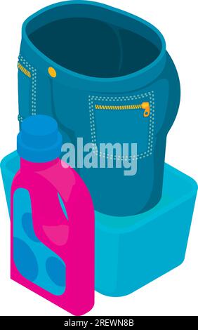 Daily wash icon isometric vector. Jeans and water basin near washing conditioner. Hand washing, housework Stock Vector