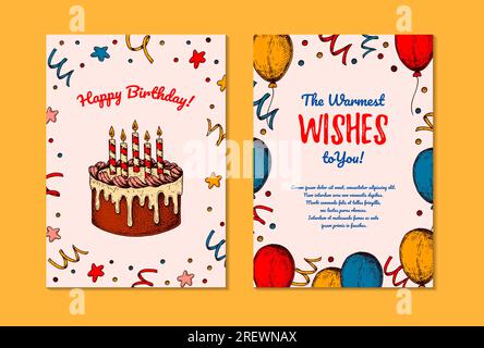 Two sides Birthday vertical greeting card. Design with hand drawn elements. Celebration invitation template. Vector illustration in sketch style. Fest Stock Vector