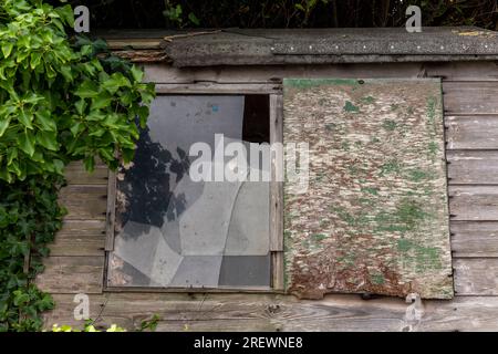 garden shed with broken window. garden shed in poor state of repair. tool shed with broken window boarded up. Stock Photo