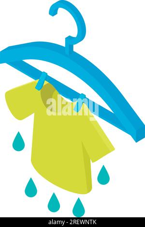 Drying linen icon isometric vector. Wet green tshirt drying on clothes hanger. Laundry, drying, household Stock Vector