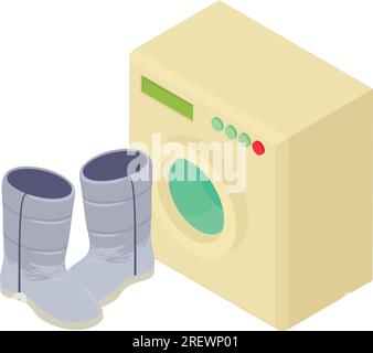 Machine wash icon isometric vector. Grey puffy boots near washing machine icon. Laundry, washing, housework Stock Vector