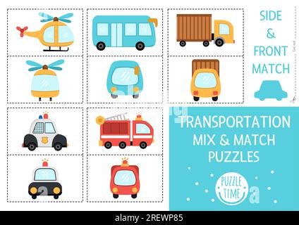 Vector transportation mix and match puzzle with cute bike, ship, car ...