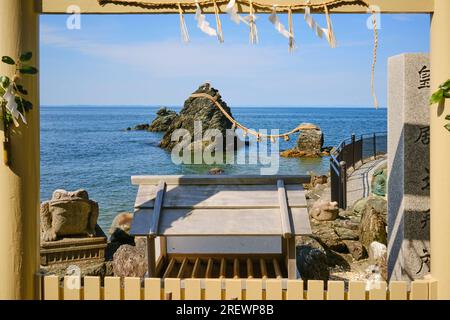 July 2023, Ise, Mie Prefecture. The wedded rocks (Meoto Iwa) Stock Photo