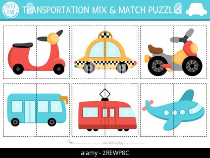 Vector transportation mix and match puzzle with cute bike, ship, car ...