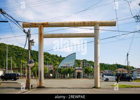 July 2023, Ise, Mie Prefecture. Torii gate outside Futaminoura train station Stock Photo