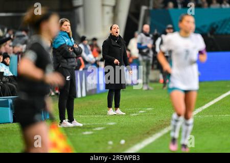 Dunedin, New Zealand. 30th July, 2023. Head coach of Switzerland Inka Grings (C) reacts during the group A match between Switzerland and New Zealand at the 2023 FIFA Women's World Cup in Dunedin, New Zealand, July 30, 2023. Credit: Zhu Wei/Xinhua/Alamy Live News Stock Photo