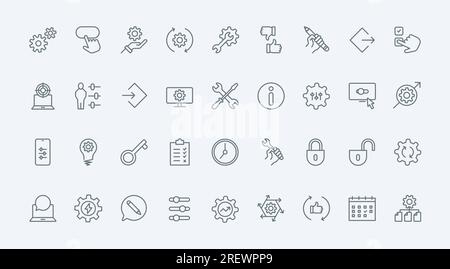 Control and management of system productivity line icons set vector illustration. Outline gears and cogwheels of machine engine, repair and maintenance service tools for modification and setup Stock Vector