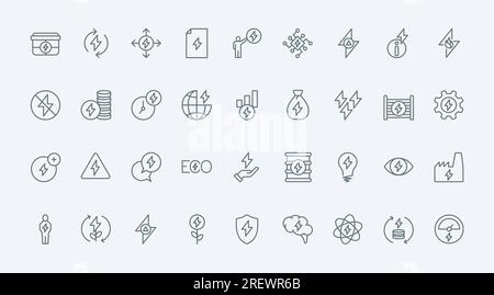 Electric energy, money and efficiency thin line icons set vector illustration. Outline lightning symbols and dynamic performance grow of electricity price, pictograms of electrified power industry Stock Vector