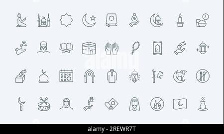 Islam thin black line icons set vector illustration. Outline Muslim religion and worship symbols, Saudi man and woman in hijab, mosque and Quran, religious calendar of holidays for prayers and charity Stock Vector